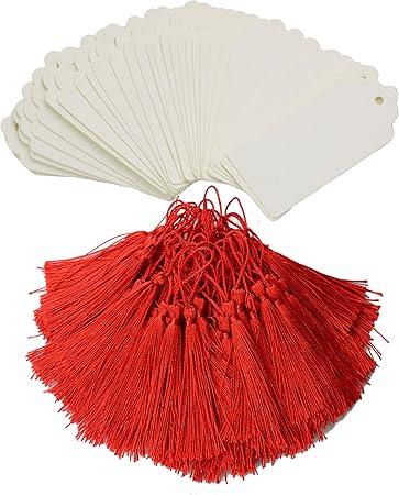 Amazon Makhry 100ギフトタグセットインポートされたヴィンテージハードクラフト紙のブックマークペーパーギフトタグ結婚式 の恩恵bonbonniere手作りシルキータッセル 白と赤 しおり 文房具 オフィス用品