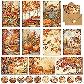 FYSUIMU 50 Pack Thanksgiving Fall Cards Boxed Truck Pumpkin Leaves Greeting Cards with Envelopes Stickers Glue Stick Autumn Blank Note Card for Thanksgiving Harvest Party Supplies, 4 x 6 Inch
