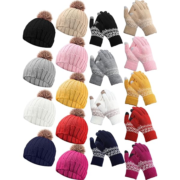 Suhine 18 Pcs Women's Beanie & Gloves Set – Knitted Winter Hat With Pom Pom & Touchscreen Gloves, Classic Colors