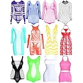 12 Pieces Women's Fishnet Lingerie Mesh Babydoll Bodysuit Lace Smock Lingerie for Women (Cute Color,Elegant Style)