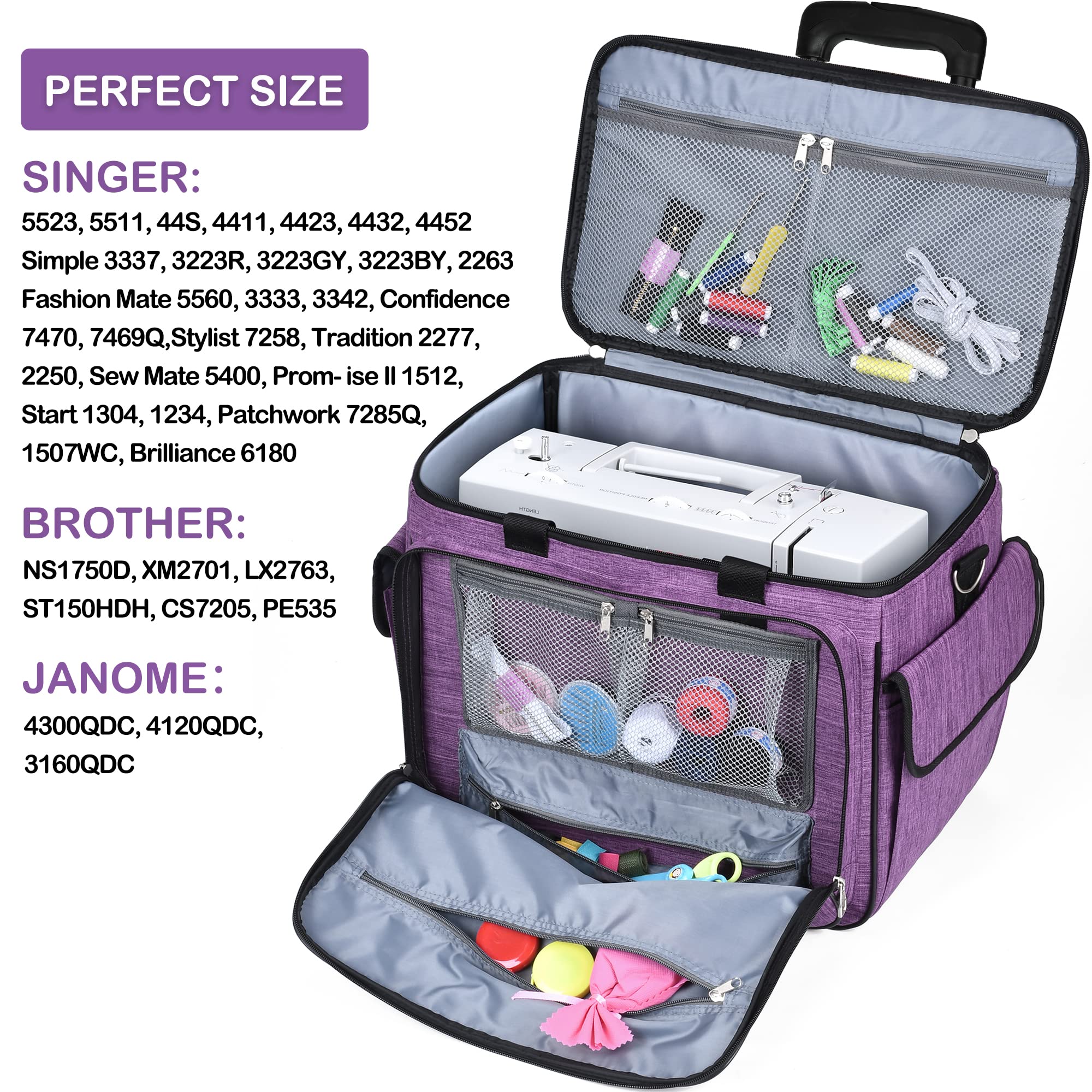 CAB55 Rolling Sewing Machine Case, Detachable Rolling Sewing Machine Carrying Case on Wheels, Trolley Tote Bag with Removable Bottom Wooden Board for Most Standard Sewing Machine and Accessories