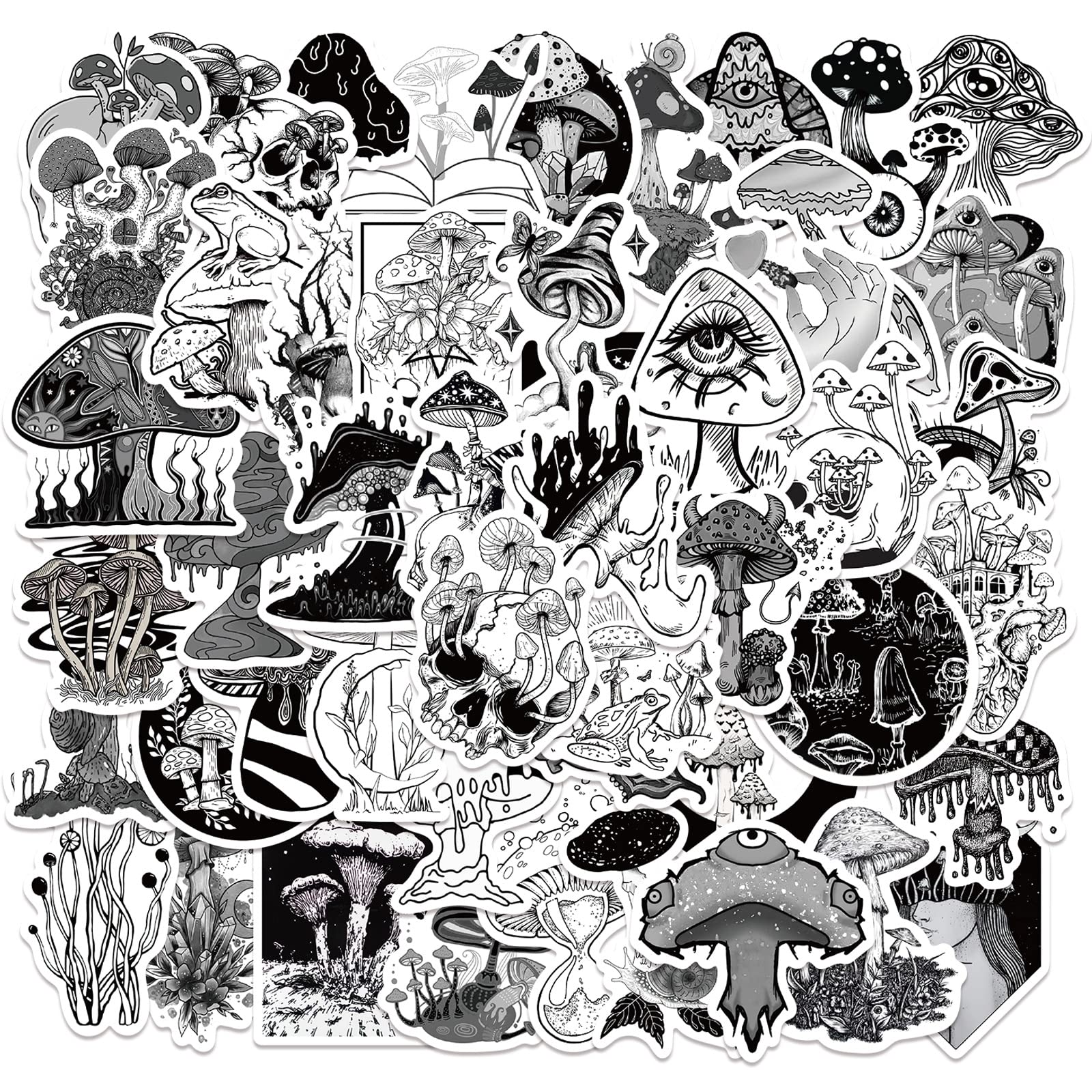 50 Pcs Black and White Stickers for Kids Teens Adults Boys Girls Gift,Stickers Pack for Laptop,Skateboard,Luggage,Car,Bike, Cup,Computer,Water Bottle Decor,Mushroom Vinyl Waterproof Sticker Decals