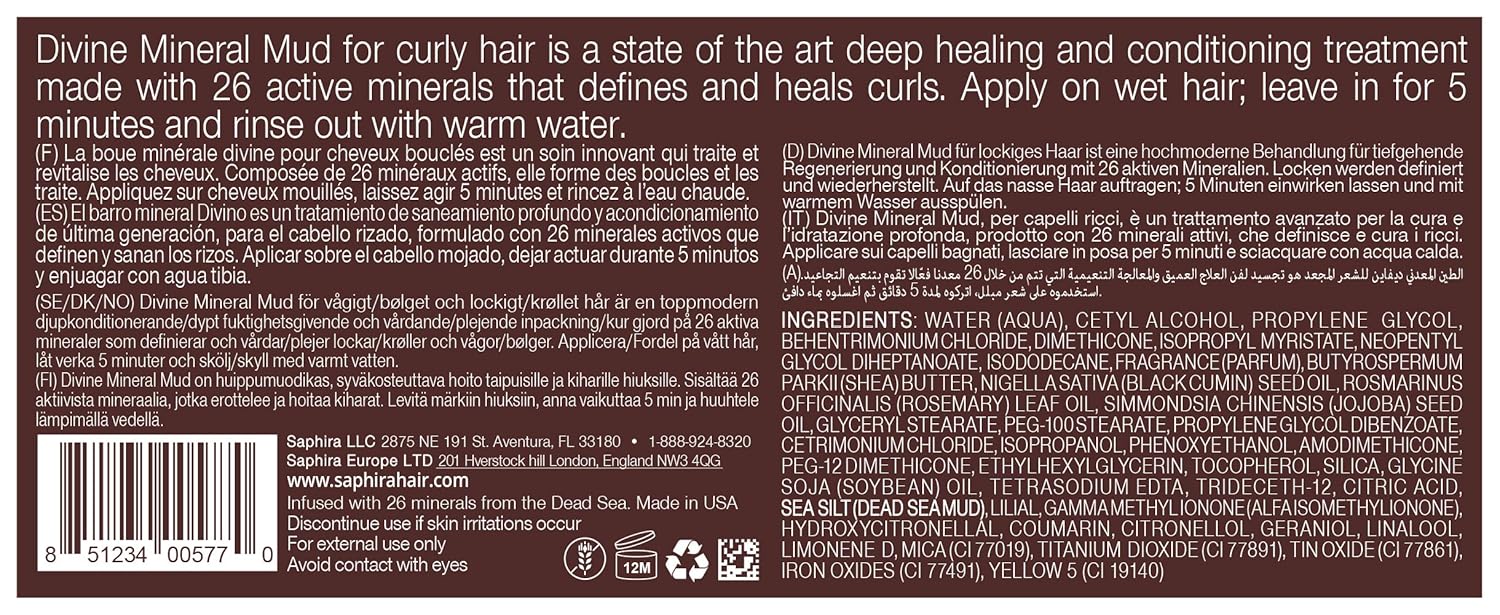 SAPHIRA Divine Mineral Mud for Curly and Wavy Hair, 8.5 oz (Original Packaging): Premium Beauty