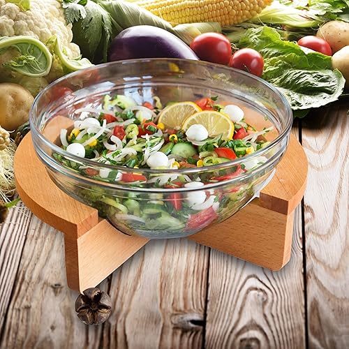 Glass Salad Serving Bowl with Wooden Base, Large Capacity, 118 Oz