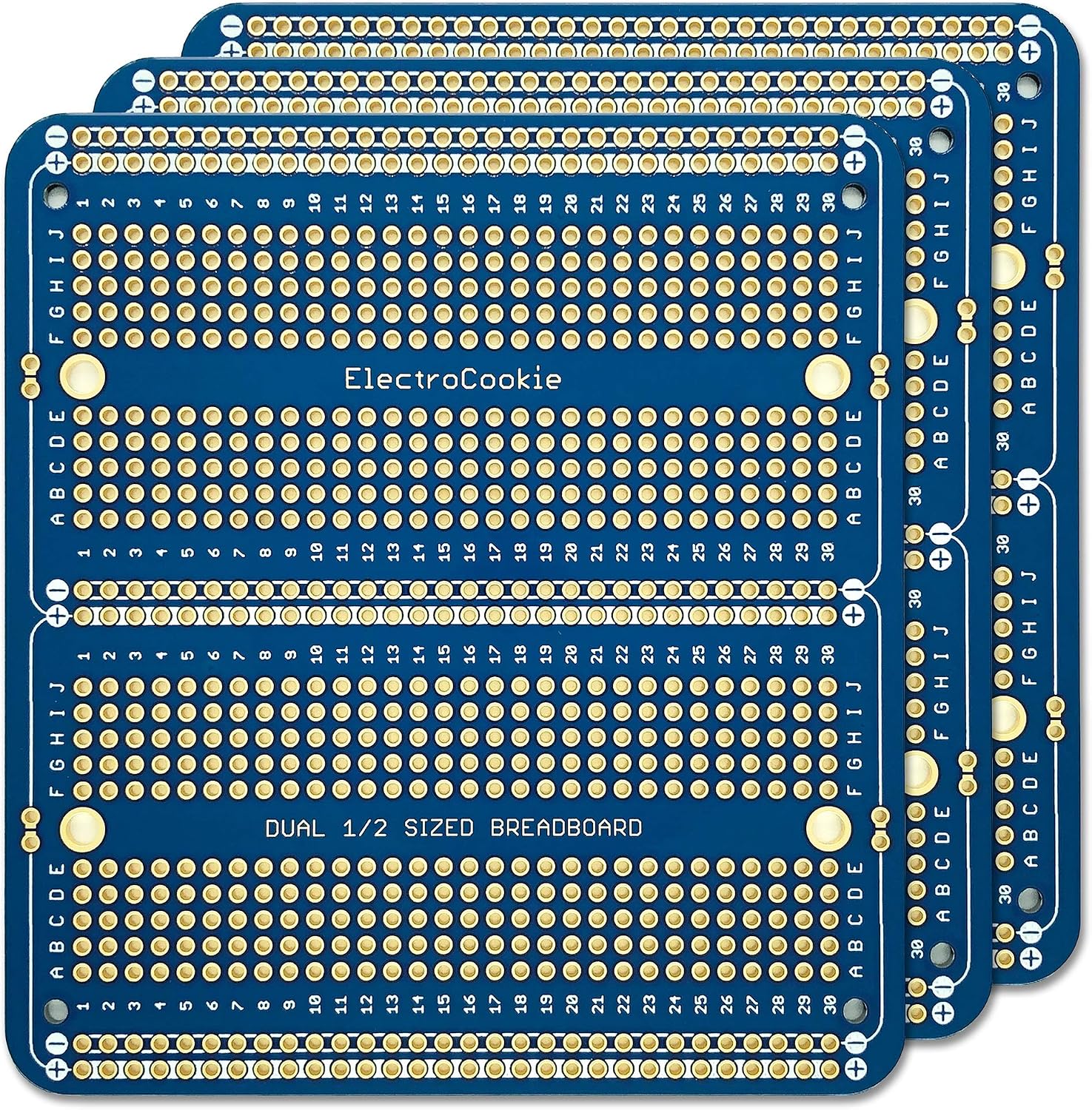 ElectroCookie Solderable Breadboard PCB Double Column Board for Electronics Projects Compatible for DIY Arduino Soldering Projects Gold-Plated (3 Pack