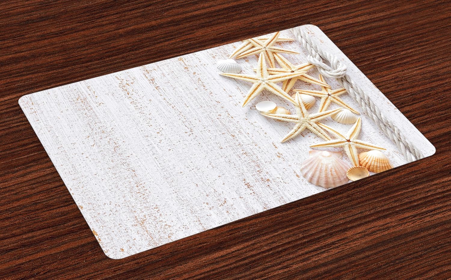 Ambesonne Seashells Place Mats Set of 4, Seashells and Starfish with Navy Rope in Vertical Direction Wood Surface Ocean Beach, Washable Fabric Placemats for Dining Table, Standard Size, Ivory