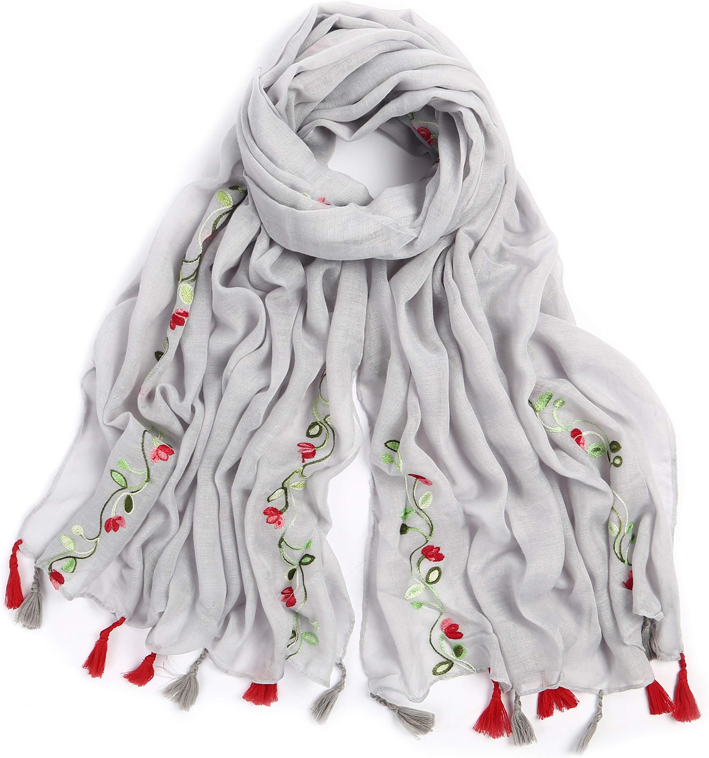 Women's Lightweight National Style Embroider Fashion Scarf Soft Cotton Shawls Wraps With Tassel