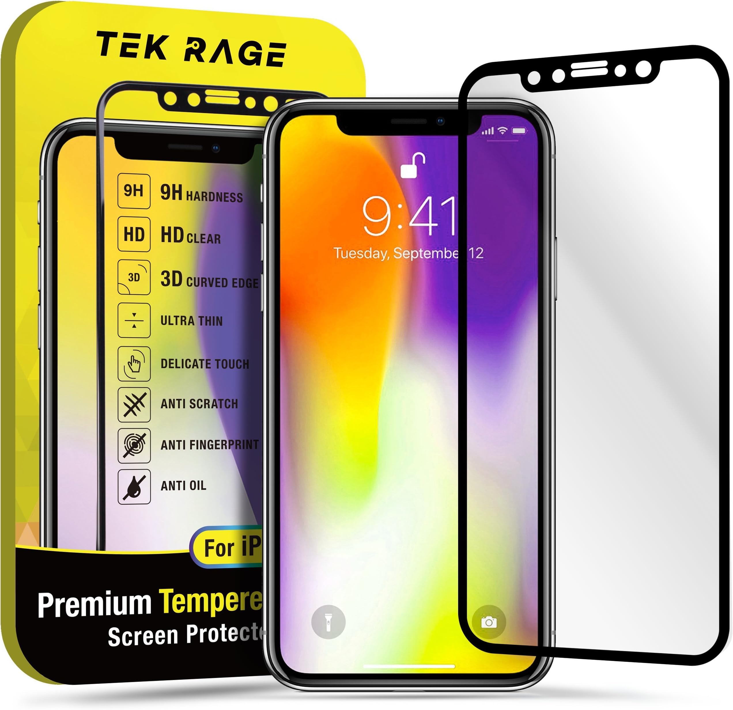 Tek Rage iPhone X Screen Protector Glass Premium Tempered Glass Protectors for The 2017 Apple iPhoneX/10, 5.8" …. - 3D Edge to Edge Protection, 9H Hardness, Black Edge