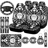 Riakrum 15 Pcs Moon Stars and Sun Car Seat Covers Full Set Thick Car Front and Back Seat Steering Wheel Seatbelt Strap Cover Armrest Pads Cup Mat Wrist Strap Key Chains for Auto Truck