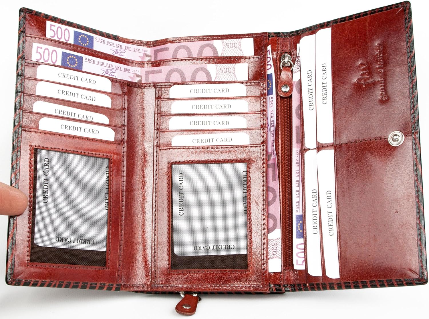 FLW Women's Black-red Clear Coated Genuine Leather Wallet with red Strips - Image 4