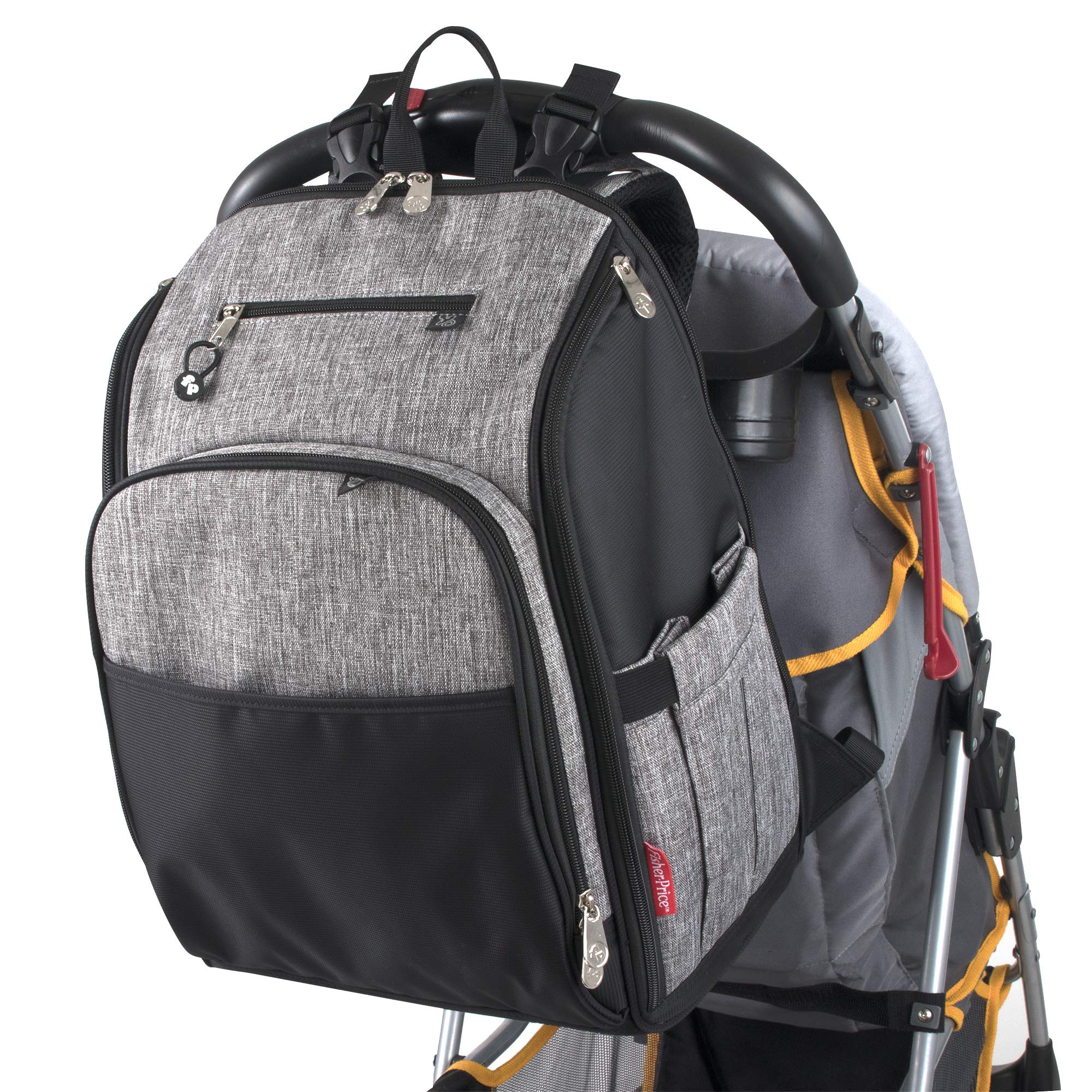 Fisher Price Diaper Bag Backpack with Changing Pad and Stroller Straps, Grey, Large