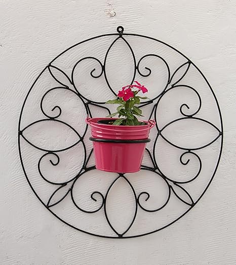 Green Gardenia Iron Spanish Round Wall Bracket/Wall Planter Small with Metal Bucket-Pink