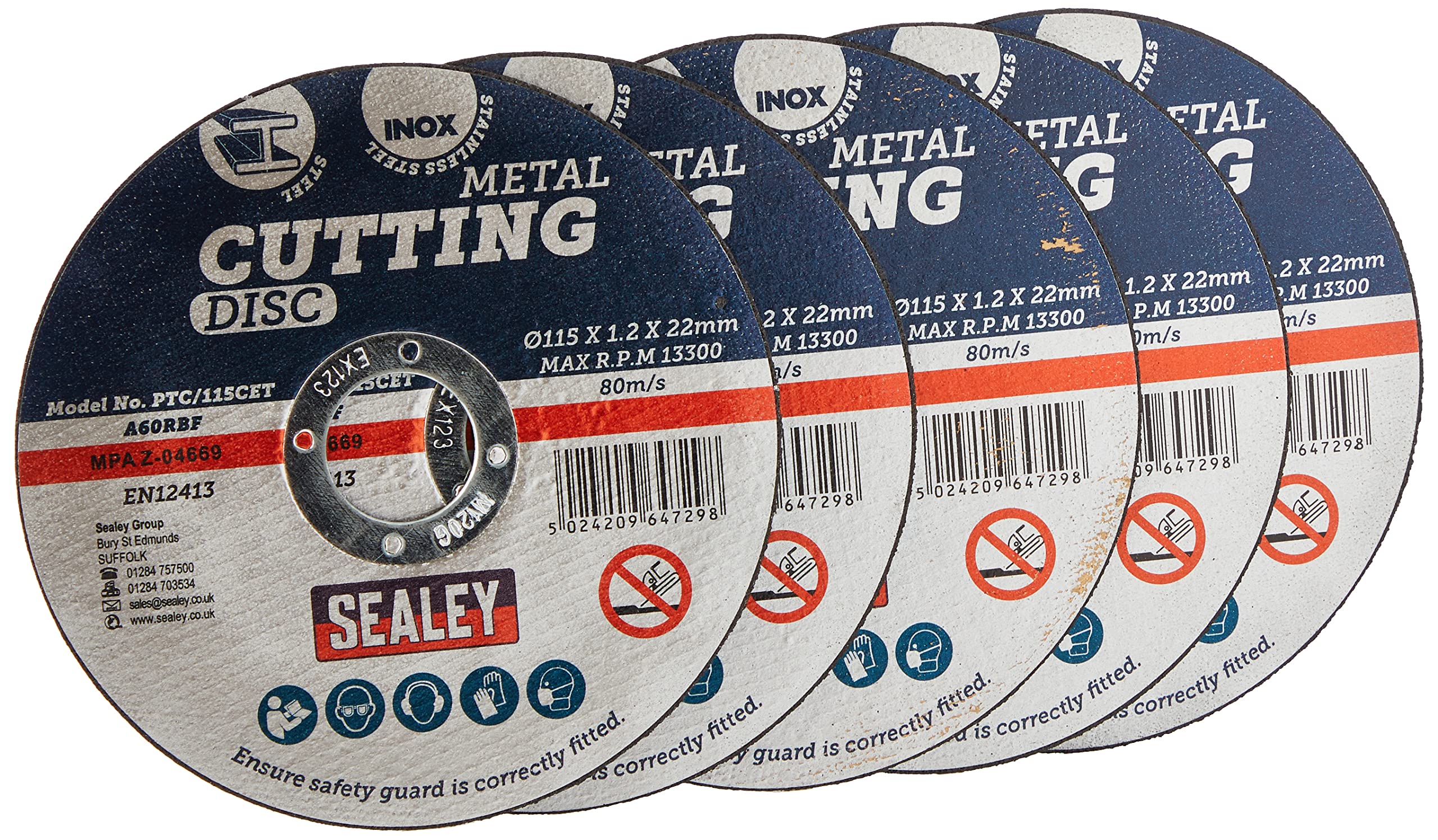 Sealey PTC/115CET5 Cutting Disc Ø115 x 1.2mm 22mm Bore Pack of 5