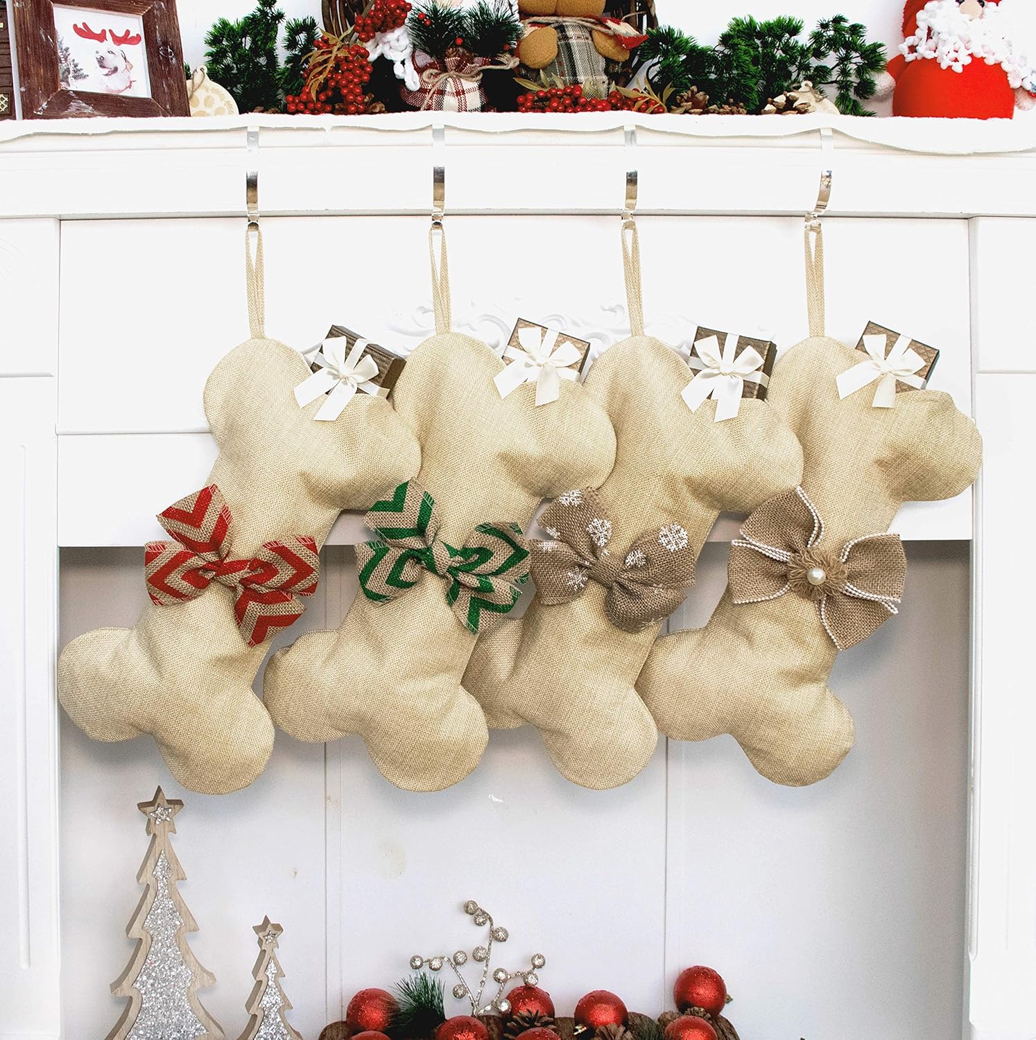 Stockings & Holders - Beyond Your Thoughts New Linen Dog Bone Christmas Stockings for Pet Jute Natural Burlap Holidays-16 inches x 8 inches 1# Red Bowknot (1 Pack)