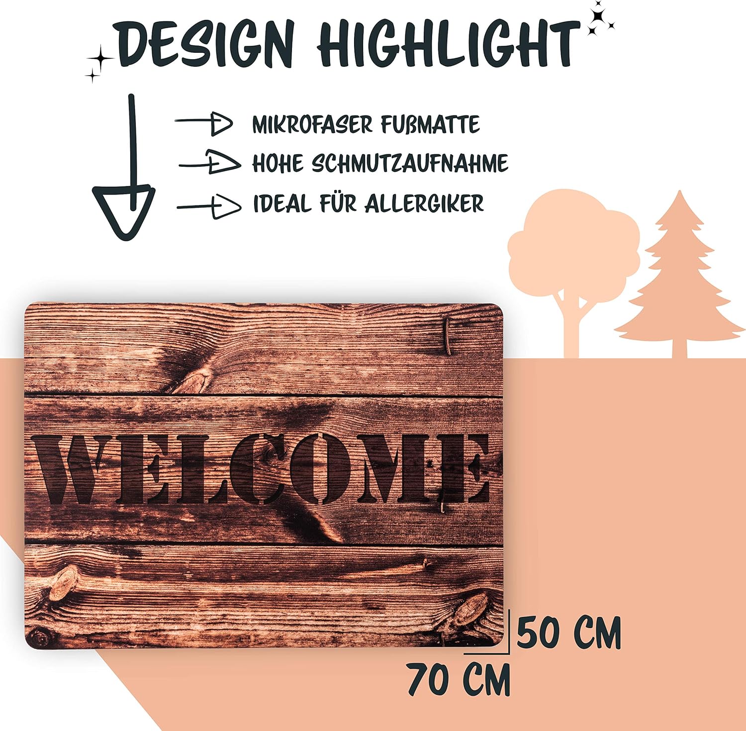 Doormat Welcome Wood Design Front Door Dirt Trapper Shoes Scraper Machine Washable, Brown, 70 x 50 cm - Image 3