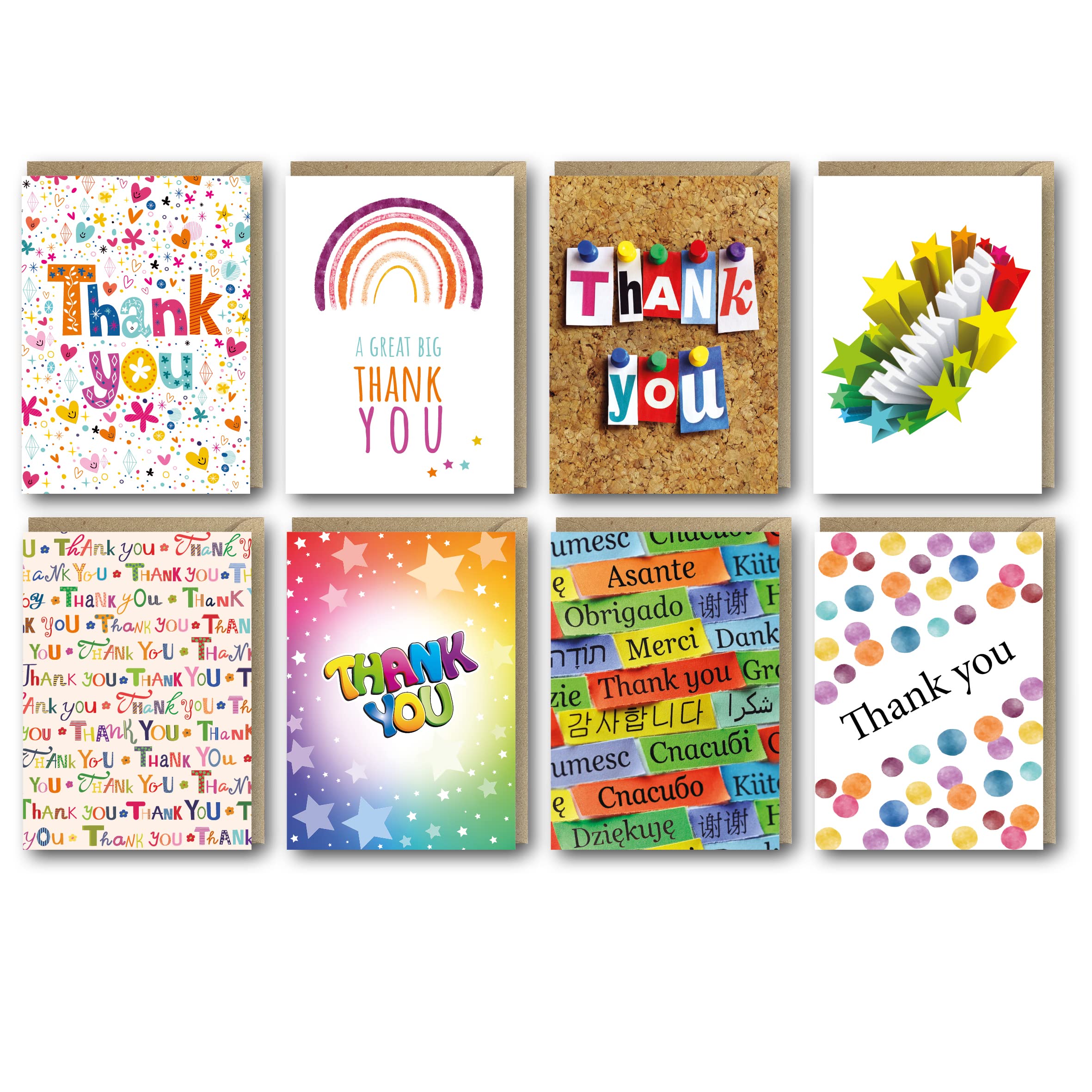 Thank You Cards Multipack of 32. Each Greeting Cards Pack includes 8 Colourful designs. 105 x 148mm. Blank Inside. Envelopes included. Made in UK.