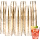 JOLLY CHEF 200 Pack 10 oz Gold Plastic Cups, Disposable Gold Glitter Plastic Cups, Clear Tumblers for Weddings Thanksgiving, Christmas Parties