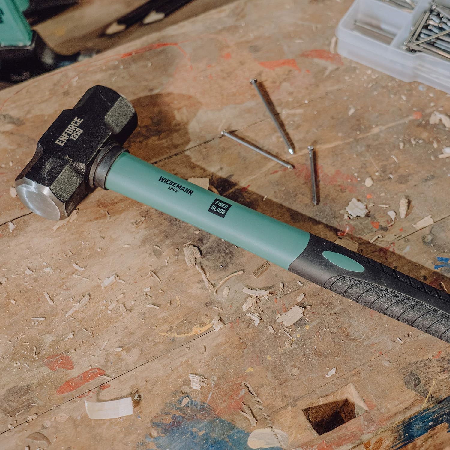 Extra Long Club Hammer 3lb with 2K fibreglass Handle from WIESEMANN 1893, Black, Silver, 1350 g - Extra Long - Image 3