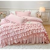 MOOWOO Girls Bedding - Waterfall Ruffle Duvet Cover - Twin 2 Piece Shabby Chic Solid Color Soft & Breathable with Zipper Closure & Corner Ties, Aesthetic Pink
