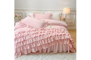 MOOWOO Girls Bedding - Waterfall Ruffle Duvet Cover - Twin 2 Piece Shabby Chic Solid Color Soft & Breathable with Zipper Closure & Corner Ties, Aesthetic Pink
