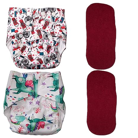 Bottom Genius Reusable Pocket Cloth Diapers for Babies Set of 2 with 2 Microfiber Inserts Prints