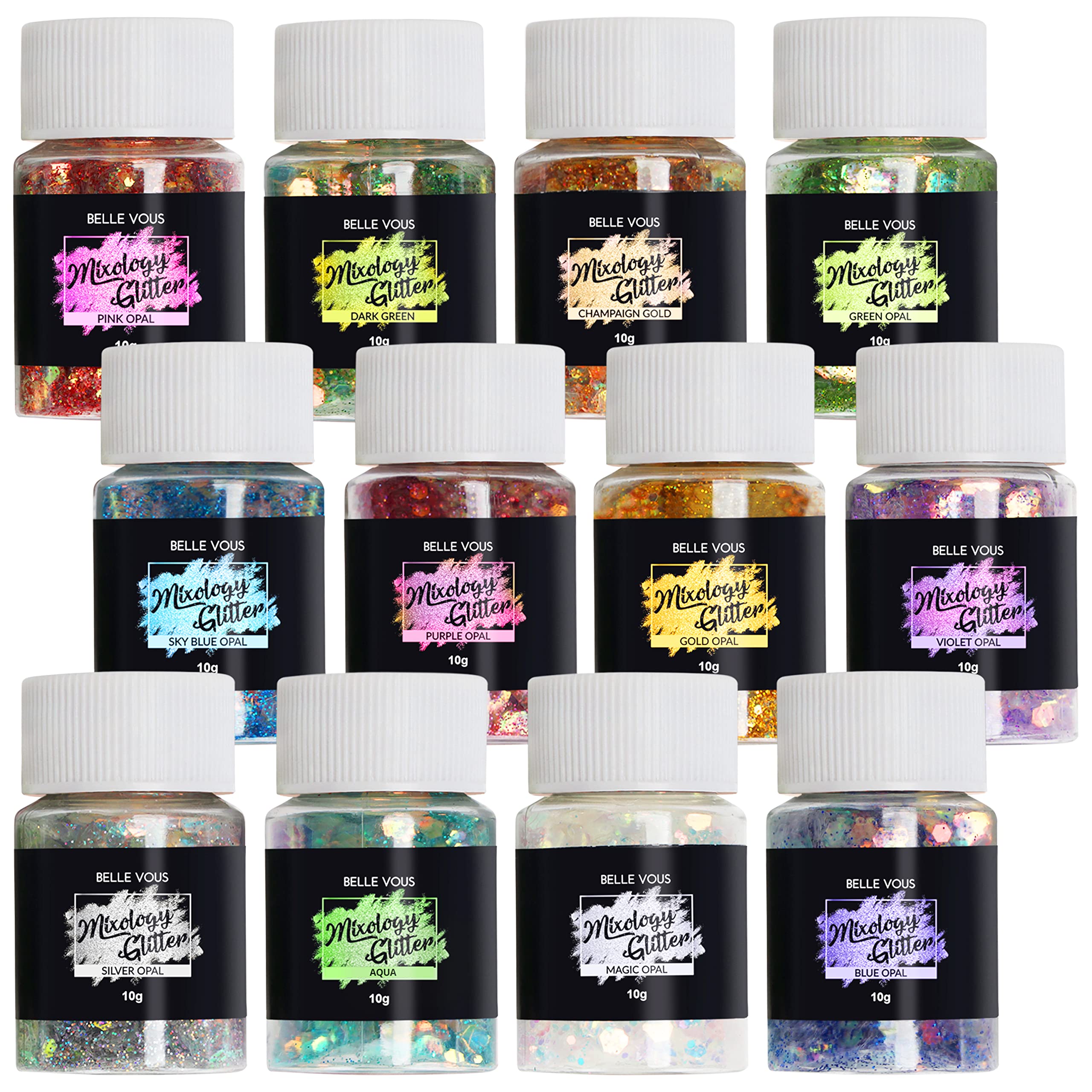 Belle Vous 12 Pack Holographic Craft Glitter Powder Set - 10g X 12 Colours - Supplies for Arts, Epoxy Tumblers, Resin Pigments, Wedding Decoration, Festival Body/Face/Nail Art, or DIY Slime