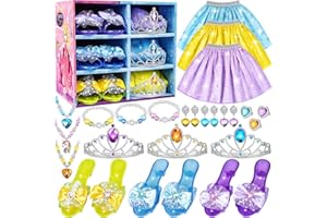 RCOVASC Princess Dress Up, Toddler Dress Up, Girl Jewelry Dress Up Toy Gifts for 2 3 4 5 6 Year old Girls, Princess Costumes Set incl 3 Skirts, Shoes, Crowns, Necklaces, Girls Pretend Play Kit Party Favors