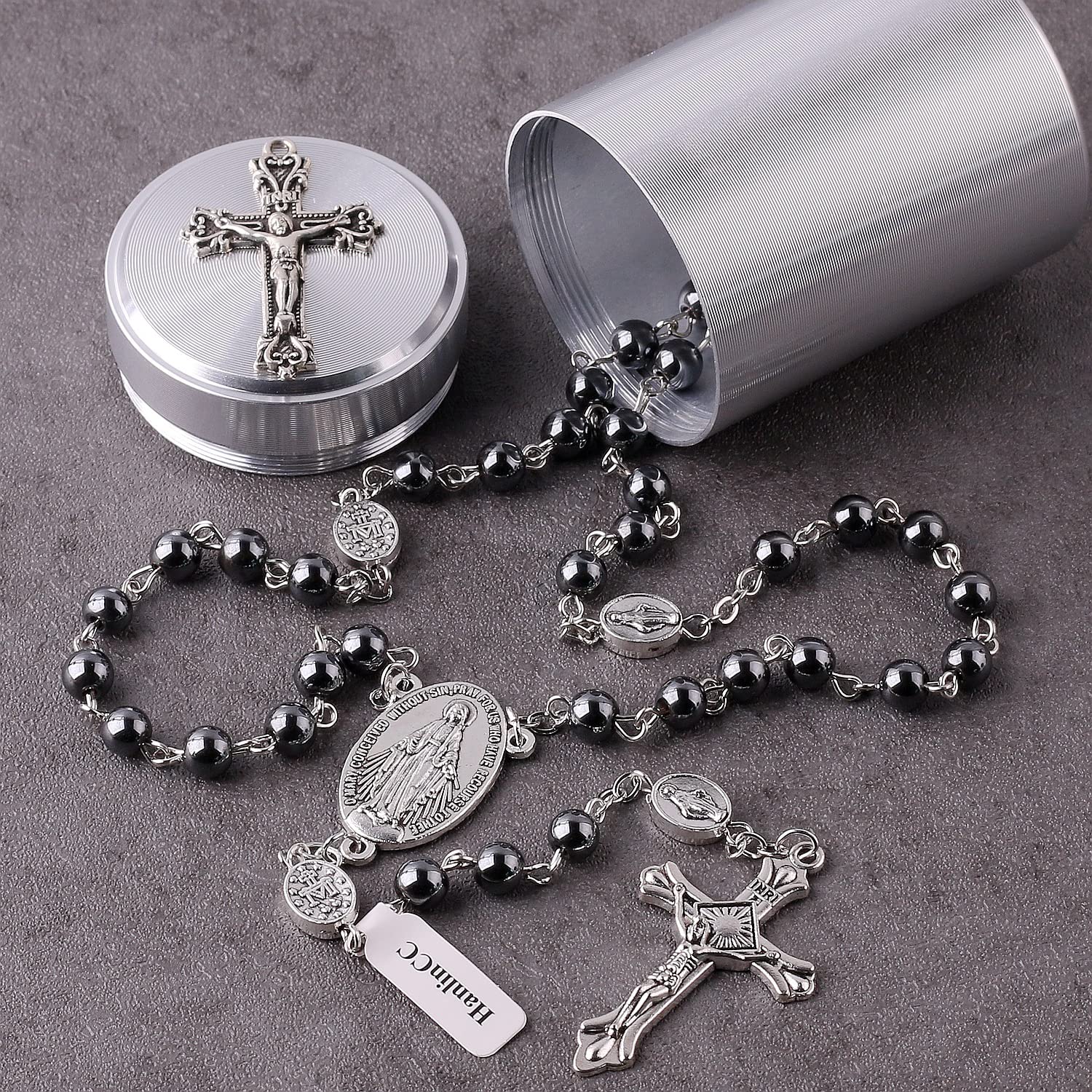 HanlinCC 6mm Hematite black stone beads Miraculous Rosary Necklace with Cross Metal Gift Box ofr Men and Women