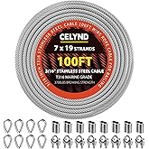 CELYND Stainless Steel Cable for Railing - 100FT 3/16" T316 Wire Rope - 7 x 19 Strands 3700 LBS Breaking Strength with Clamps Thimbles and Crimping Sleeves for Outdoor Deck Railing DIY Projects