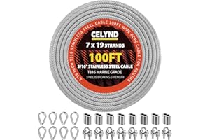 CELYND Stainless Steel Cable for Railing - 100FT 3/16" T316 Wire Rope - 7 x 19 Strands 3700 LBS Breaking Strength with Clamps Thimbles and Crimping Sleeves for Outdoor Deck Railing DIY Projects