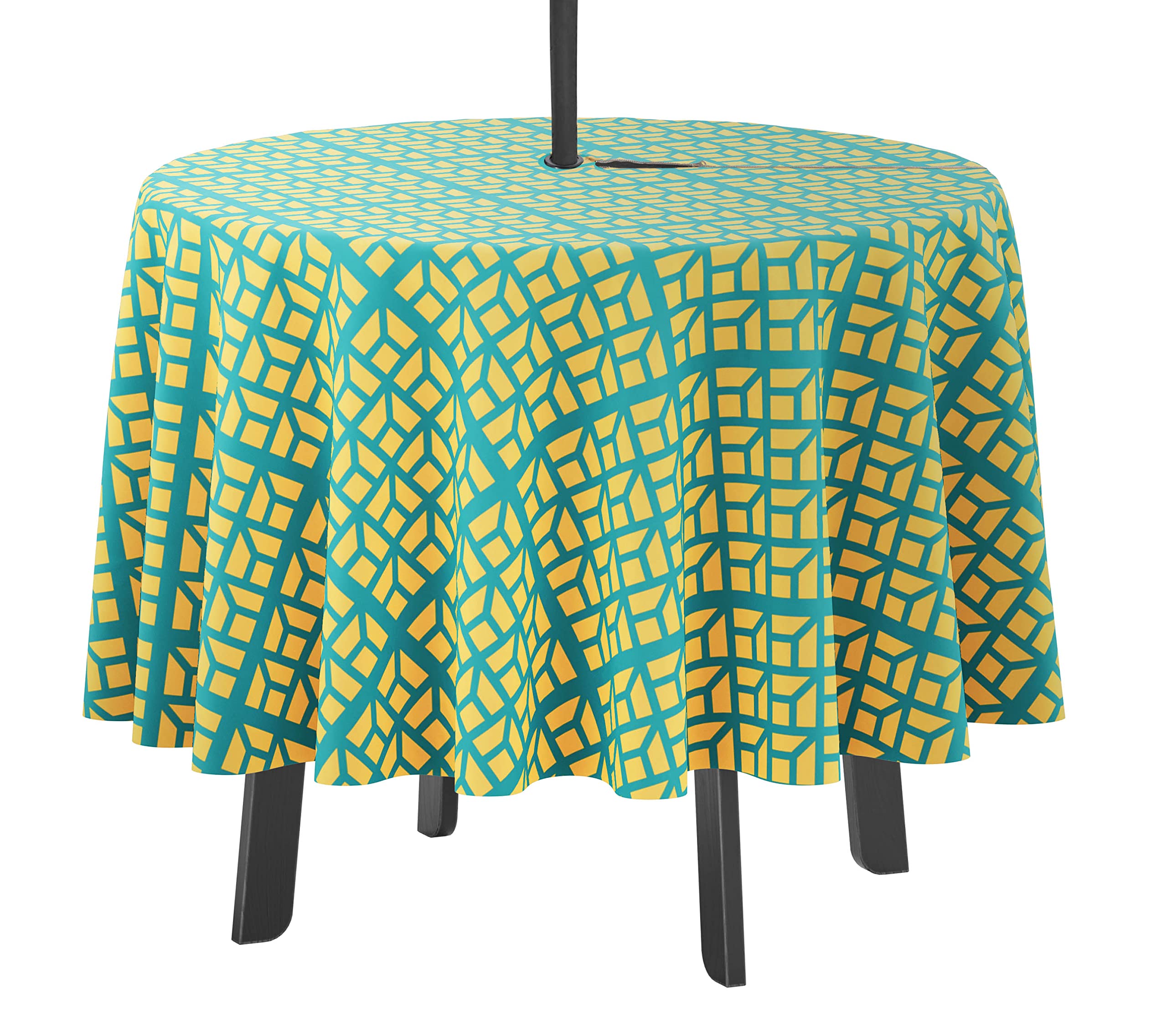 Vargottam Indoor/Outdoor Round Tablecloth 58 Inch Tablecloth with Umbrella Hole & Zip- Waterproof Table Cloth Table Covers for Backyard Table - Teal Blue & Yellow