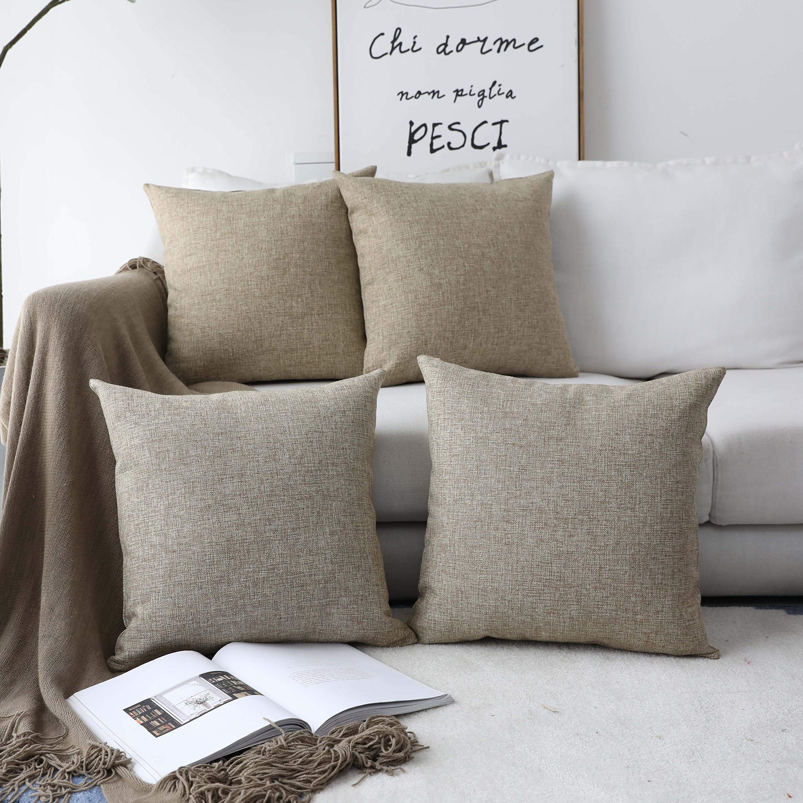 Home Brilliant Cushion Covers 45 x 45 Faux Linen Square Handmade Throw Pillows Cover for Sofa, 45x45 cm, 18 inch, Natural Linen, Set of 4