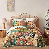 Boho Floral Quilt Sets King Size Reversible Mid Century Quilt Bedding Set Bohemian Design Soft Bedspread 3 Pieces Microfiber Lightweight Coverlet with 2 Pillow Shams for All Seasons, 106''x96''