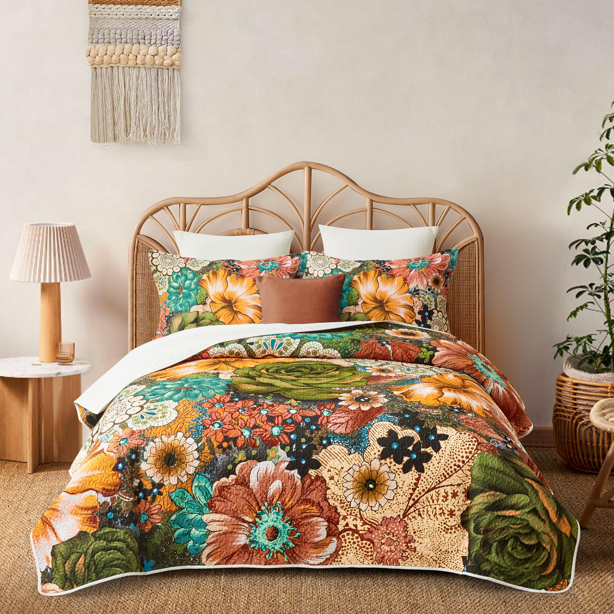 Boho Floral Quilt Sets King Size Reversible Mid Century Quilt Bedding ...