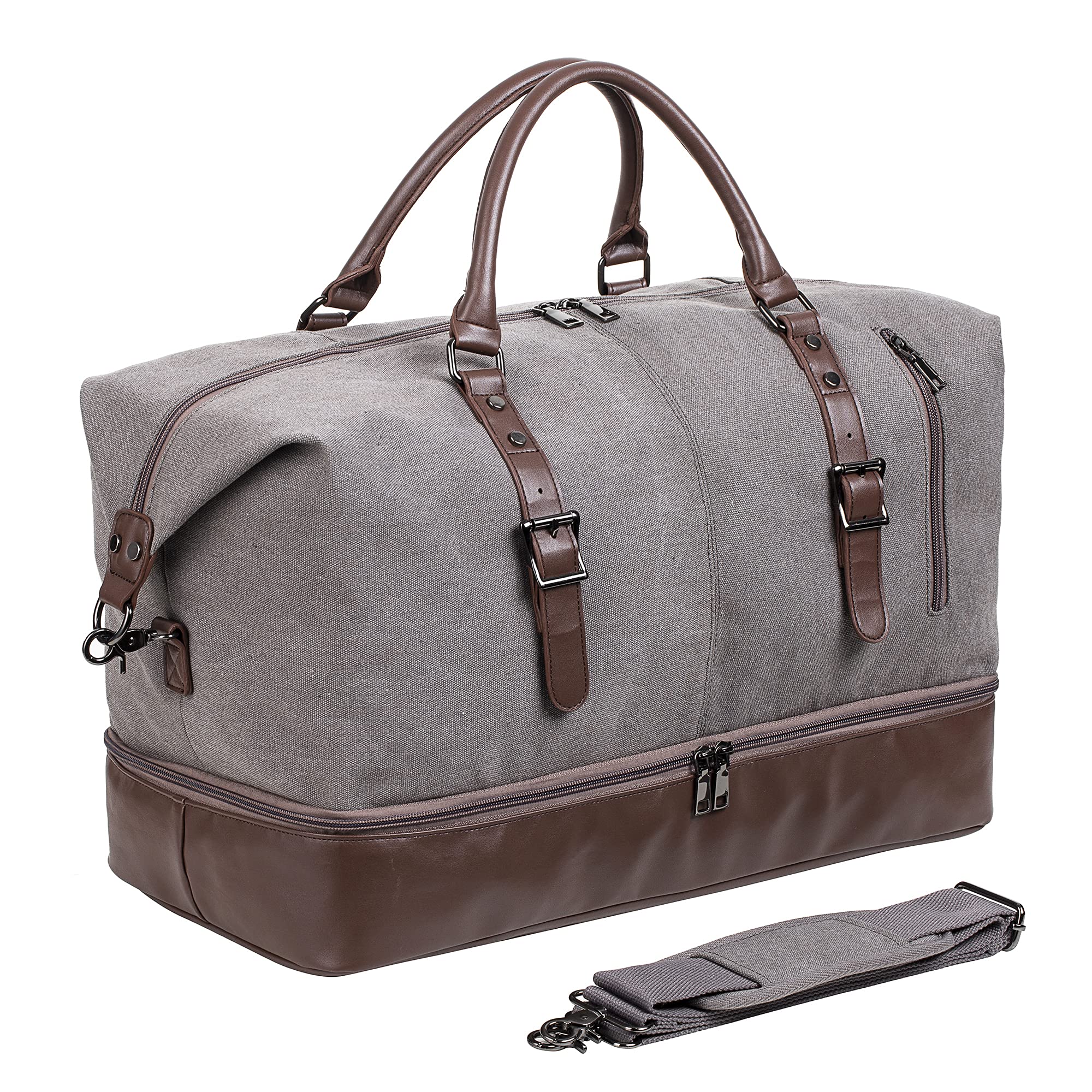 Photo 1 of Leather Travel Bag with Shoe Pouch,Weekender Overnight Bag Waterproof PU Leather Large Carry On Bag Travel Tote Duffel Bag for Men or Women-Grey