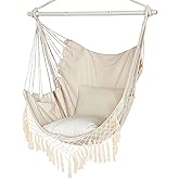 Hammock Chair, Hanging Rope Swing Seat with 2 Cushions,Macrame Hanging Chair Side Pocket with High Load-Bearing Metal Rod,for Indoor, Outdoor, Extra Comfortable
