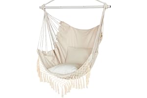 YAERSI Hammock Chair, Hanging Rope Swing Seat with 2 Cushions,Macrame Hanging Chair Side Pocket with High Load-Bearing Metal Rod,for Indoor, Outdoor, Extra Comfortable