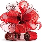 Traico Christmas Tree Topper Bow - Bow: 11" sq. - Tails: 3 Yards Long Each - Red Snowflake