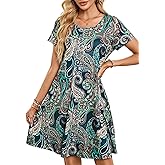 Womens Summer Casual Dresses Paisley Floral T Shirt Dress Short Sleeve Plus Size Sundress Swing Boho Dress with Pockets