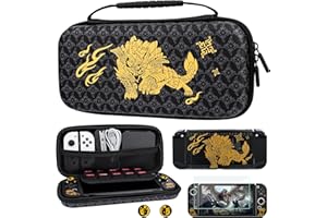 GLDRAM Carry Case for Nintendo Switch OLED Accessories, Black Switch Case Cover Bundle for Monster Hunter Rise with Travel Case, Dockable Hard PC Cover, Glass Screen Protector, Thumb Grip Caps