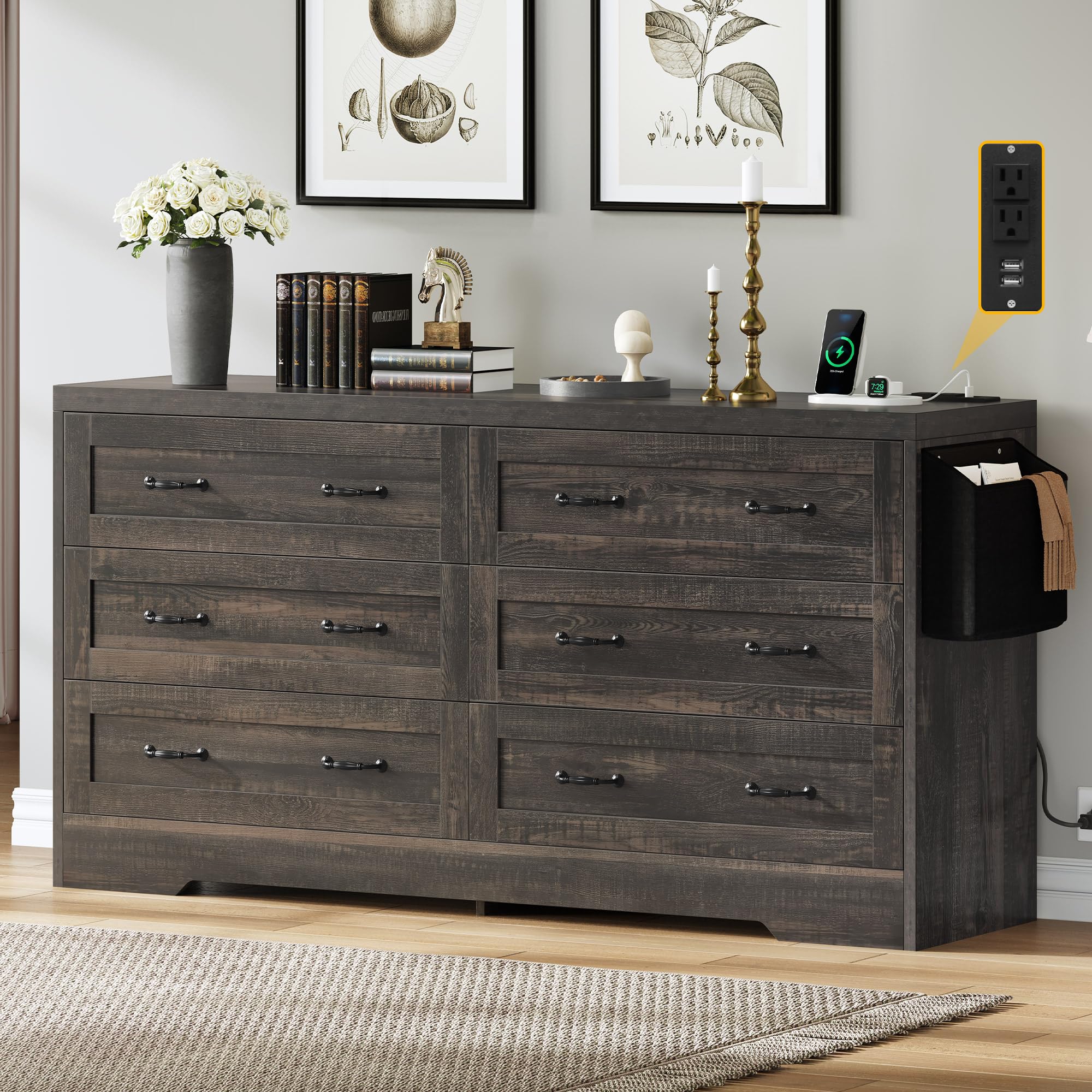 Photo 1 of (used, parts missing, minor damaged_ ) DWVO Farmhouse 6 Drawer Dresser for Bedroom, 31.5 Inch Tall Modern Dresser TV Stand with Large Drawers & Bar Handles, Storage Dressers with Power Outlets, Rustic Wood Chest of Drawers, Dark Rustic Oak