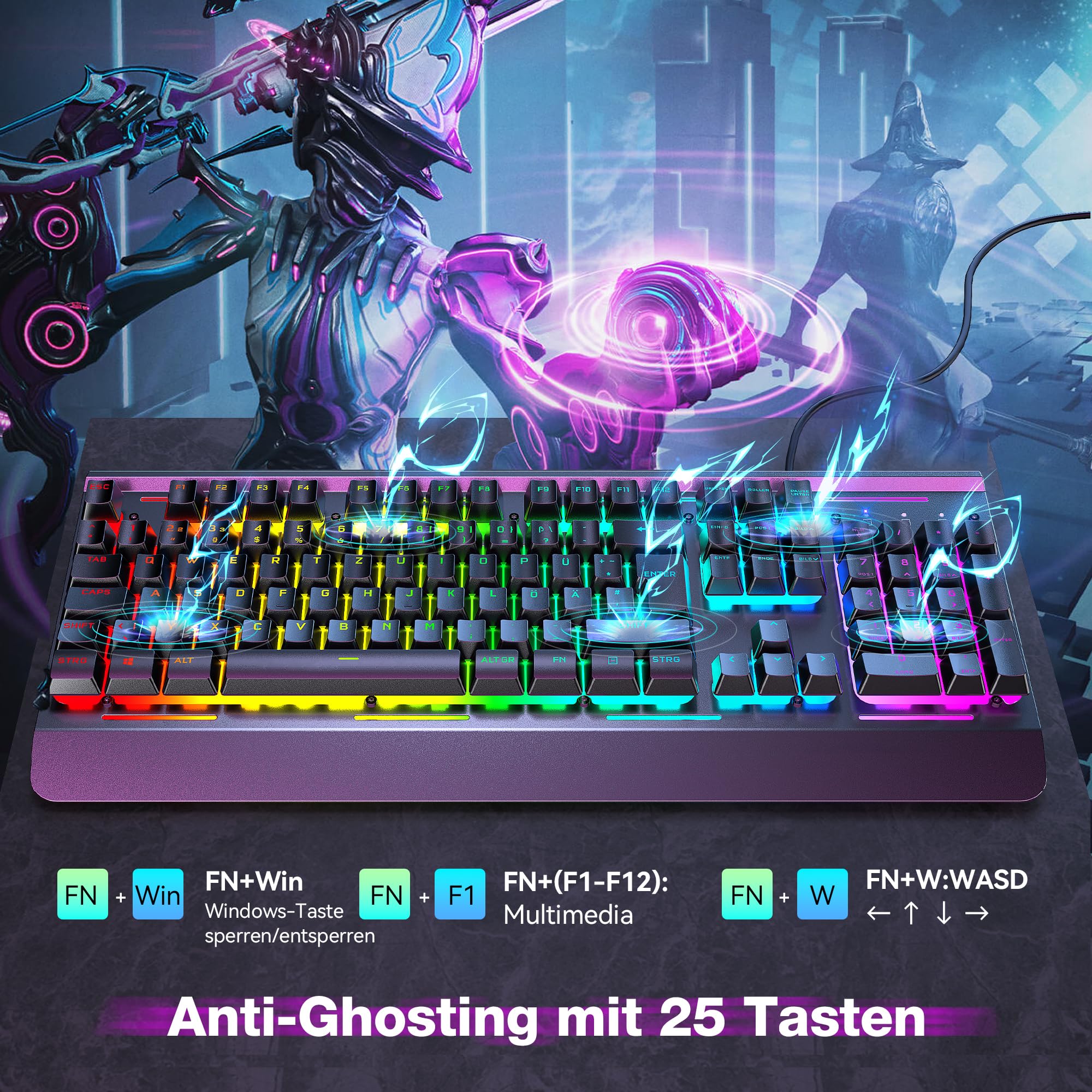 TECKNET Gaming Tastatur 105 Tasten Membrantastatur mit Vollmetall-Gehäuse 4