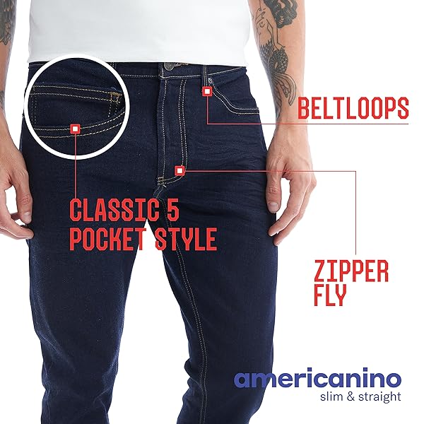 AMERICANINO SLIM STRAIGHT FIT JEANS FOR MEN – SOFT COTTON|5-POCKET CLASSIC DESIGN INDIGO