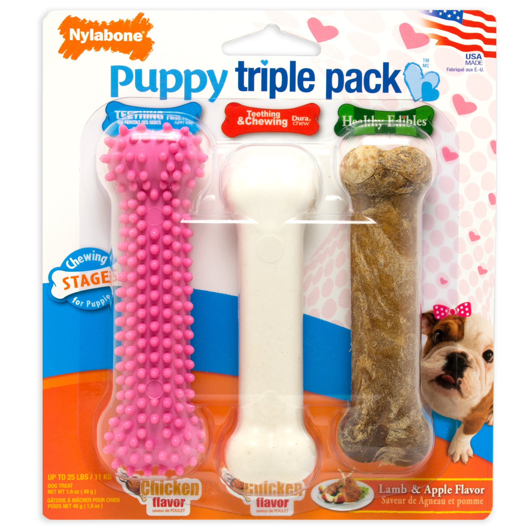 Nylabone Puppy Chew Toy Treat Puppy Starter Set, Pink Puppy Chew Toys