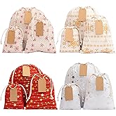 ERIBAGZ 12 Pack Reusable Christmas gift bags with 15 gift tags. Gift sacks. Fabric drawstring holiday gift bags in assorted sizes. Xmas bags for presents, parties & stocking stuffers. (CE2)
