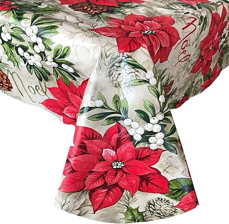 Amazon Newbridge マジェスティック 冬 ポインセチア 祝祭 フローラル クリスマス プリント ビニール フランネル 裏地 テーブルクロス ノエルとヒイラギ ベリー クリスマス お手入れ簡単 ワイプ クリーン テーブルクロス 60インチ X 102インチ 長方形 テーブルクロス