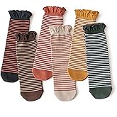 Qqmump Women Ruffle Socks, Retro Striped Socks,Cotton Cute Ankle Sock for Women, Vintage Casual Frilly Dress Sock