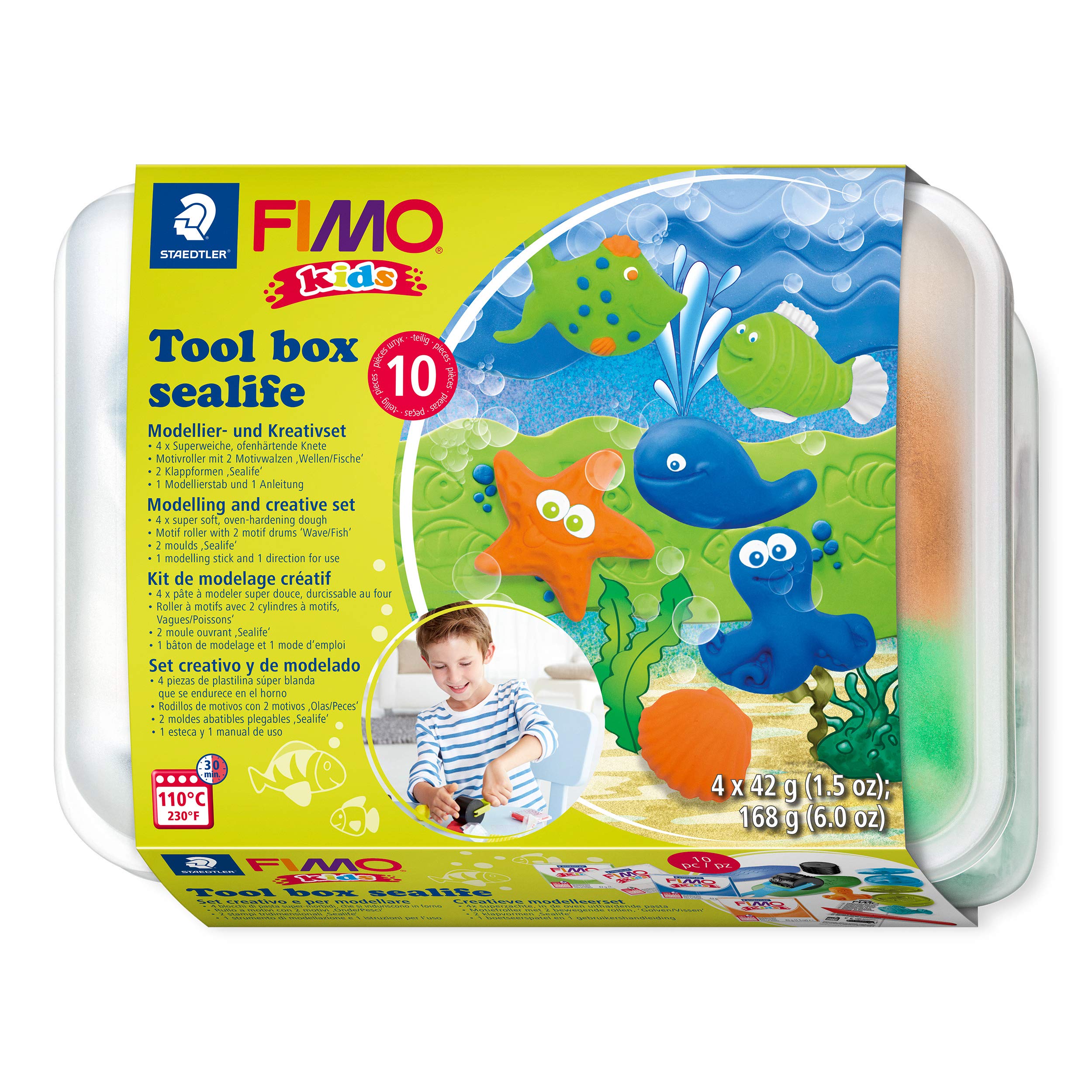 STAEDTLER Fimo 8039 01 Sealife Kids Tool Box 10-Piece Tool Box with Child-Friendly Tools and Oven-Hardening Modelling Clay