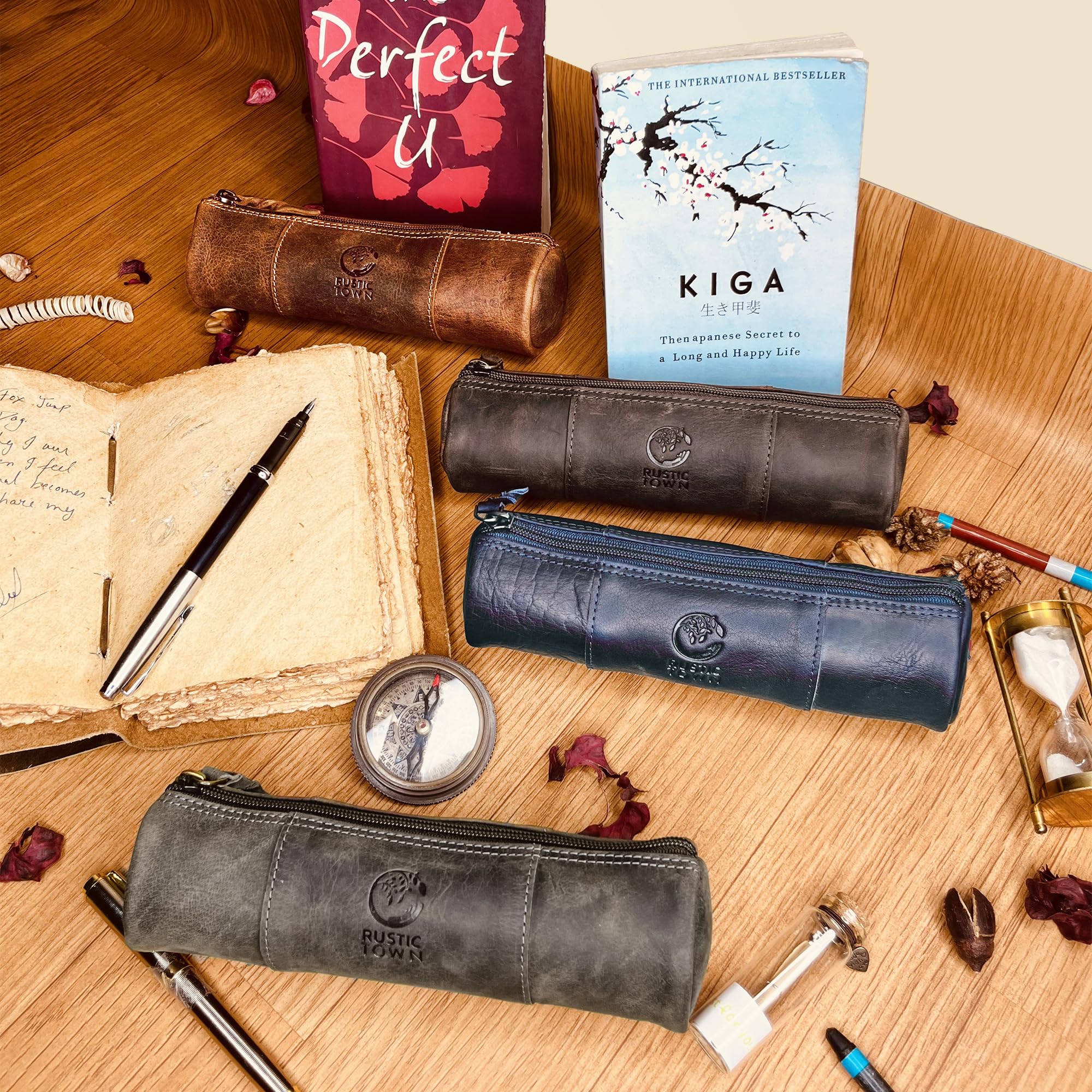 Rustic Town Leather Pencil Case - Full Grain Leather Zippered Pen Pouch - Stationery Bag Pen Holder for Work & Office