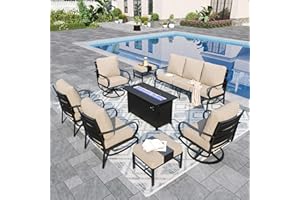 Sophia & William Patio Furniture Sets for 9 with 45" Gas Fire Pit Table Outdoor Conversation Sets 8 Pcs, 2xSofa Chairs, 2xSwivel Cushion Chairs, 1x3-Seat Sofa, 2xOttomans for Porch Poolside Beige